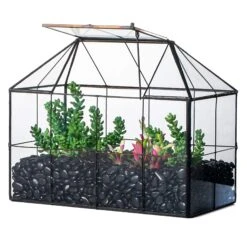 NCYP Glass Geometric Terrarium Tin-Sealed Brass Black House Shape Container With Grid And Swing Lid -Terrarium Plant Hub 2000x2000