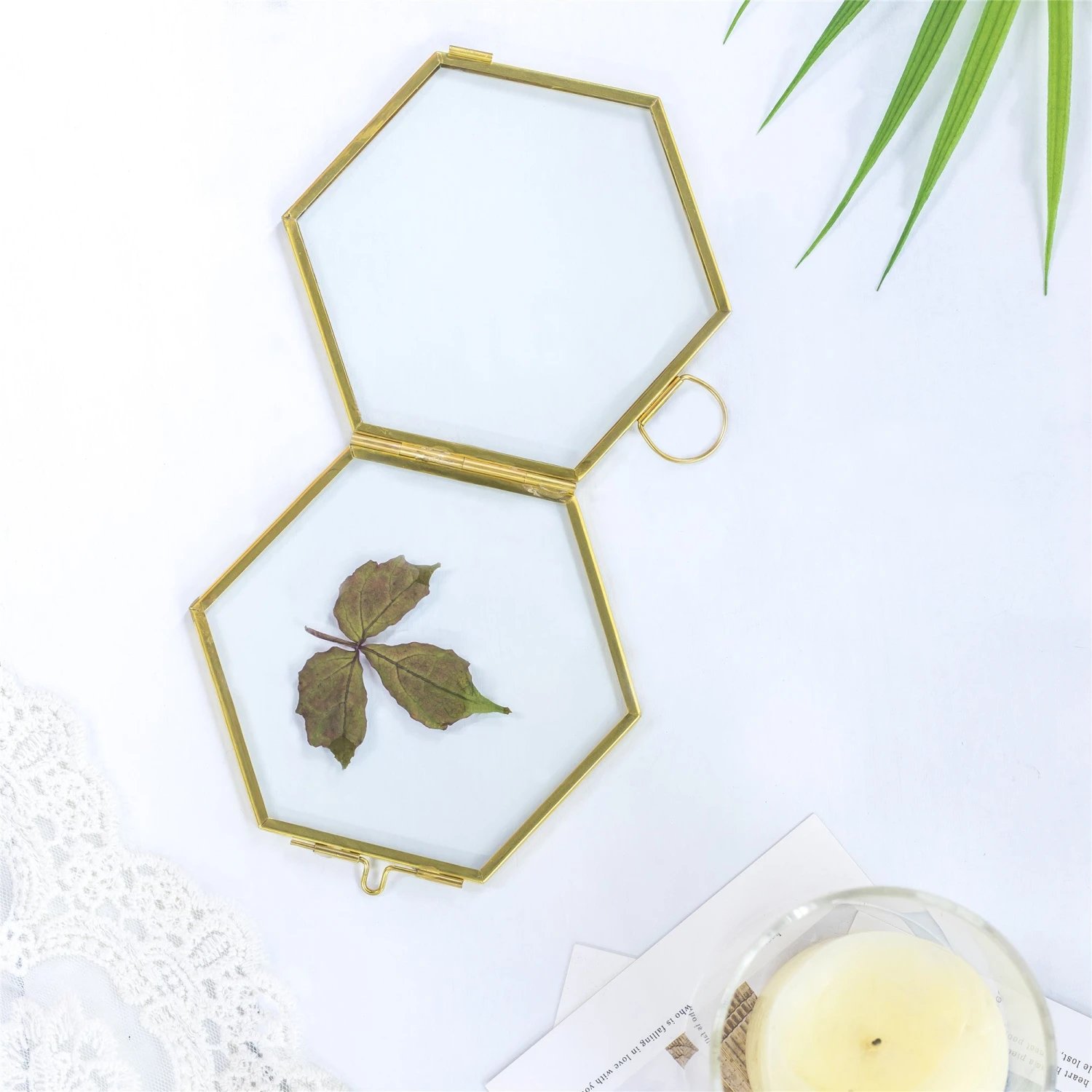 Handmade Vintage Brass Floating Hanging Glass Hexagon Picture Photo Frame Small Side Length 2" 11 Handmade Vintage Brass Floating Hanging Glass Hexagon Picture Photo Frame Small Side Length 2" - Image 10