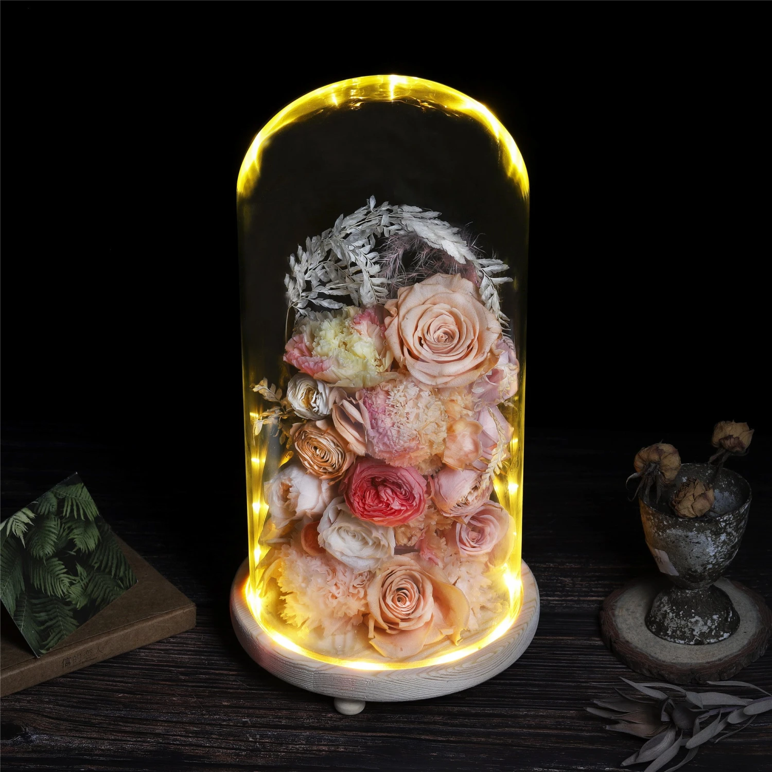 Handmade Glass Dome With LED Light Wood Base Cloche Bell Round For Rose Model Figurine Flowers 4 Handmade Glass Dome With LED Light Wood Base Cloche Bell Round For Rose Model Figurine Flowers - Image 2