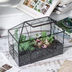 NCYP Glass Geometric Terrarium Tin-Sealed Brass Black House Shape Container With Grid And Swing Lid -Terrarium Plant Hub 20190621003