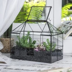 NCYP Glass Geometric Terrarium Tin-Sealed Brass Black House Shape Container With Grid And Swing Lid -Terrarium Plant Hub 20190621003 1