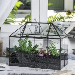 NCYP Glass Geometric Terrarium Tin-Sealed Brass Black House Shape Container With Grid And Swing Lid -Terrarium Plant Hub 20190621003 3
