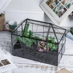 NCYP Glass Geometric Terrarium Tin-Sealed Brass Black House Shape Container With Grid And Swing Lid -Terrarium Plant Hub 20190621003 5