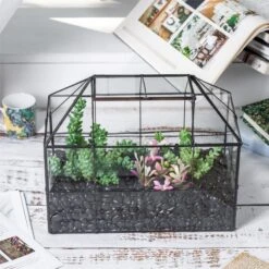 NCYP Glass Geometric Terrarium Tin-Sealed Brass Black House Shape Container With Grid And Swing Lid -Terrarium Plant Hub 20190621003 7