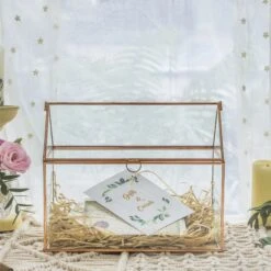Geometric Glass Card Box Terrarium Rose Gold Handmade Pure Copper House Shape For Wedding Receiption