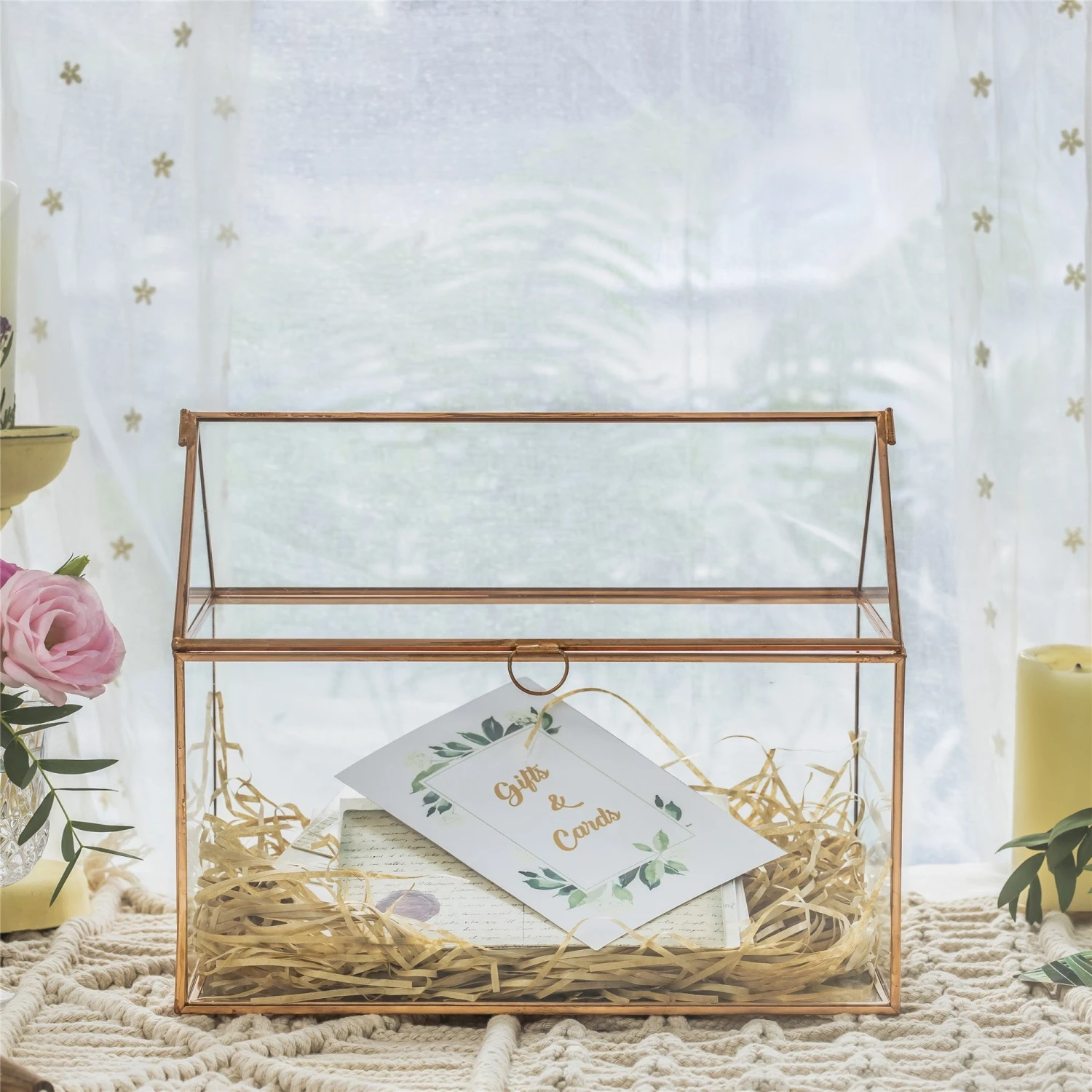 Geometric Glass Card Box Terrarium Rose Gold Handmade Pure Copper House Shape For Wedding Receiption