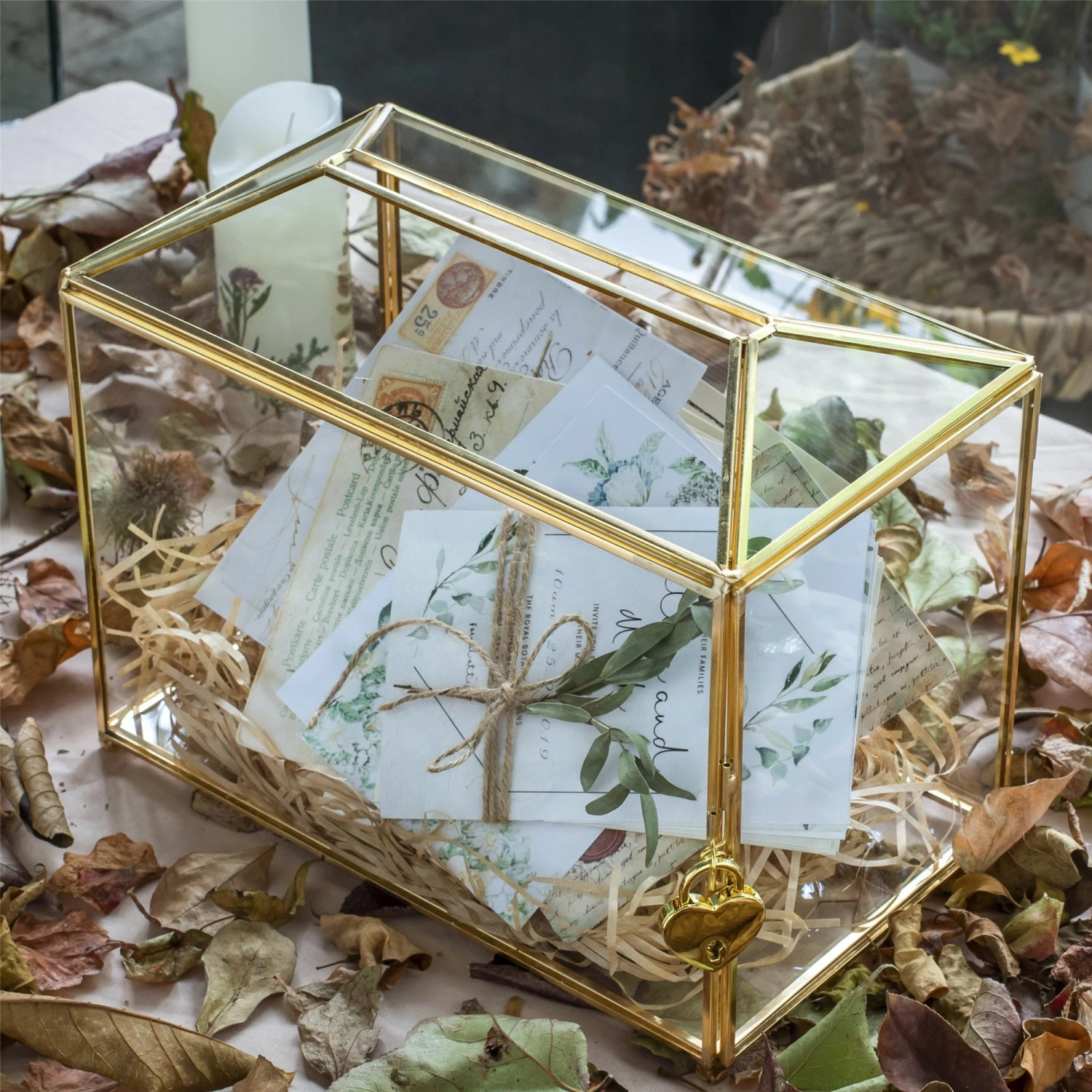 Large Geometric Glass Card Box Terrarium With Slot And Heart Lock, Foot, Gold, Handmade, Brass,for Wedding Receiption, Wishwell, Keepsake Centerpiece 11 Large Geometric Glass Card Box Terrarium With Slot And Heart Lock, Foot, Gold, Handmade, Brass,for Wedding Receiption, Wishwell, Keepsake Centerpiece - Image 9