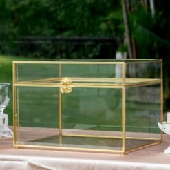 12"Large Gold Foot Rectangle With Slot Geometric Glass Card Box Keepsake Recipe Reception Envelope Holder Display Gift With Swing Lid Latch -Terrarium Plant Hub 20220330001 3