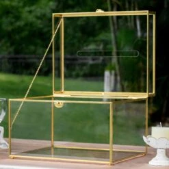 12"Large Gold Foot Rectangle With Slot Geometric Glass Card Box Keepsake Recipe Reception Envelope Holder Display Gift With Swing Lid Latch -Terrarium Plant Hub 20220330001 4