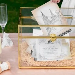 12"Large Gold Foot Rectangle With Slot Geometric Glass Card Box Keepsake Recipe Reception Envelope Holder Display Gift With Swing Lid Latch -Terrarium Plant Hub 20220330001 7