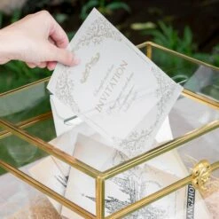 12"Large Gold Foot Rectangle With Slot Geometric Glass Card Box Keepsake Recipe Reception Envelope Holder Display Gift With Swing Lid Latch -Terrarium Plant Hub 20220330001 9