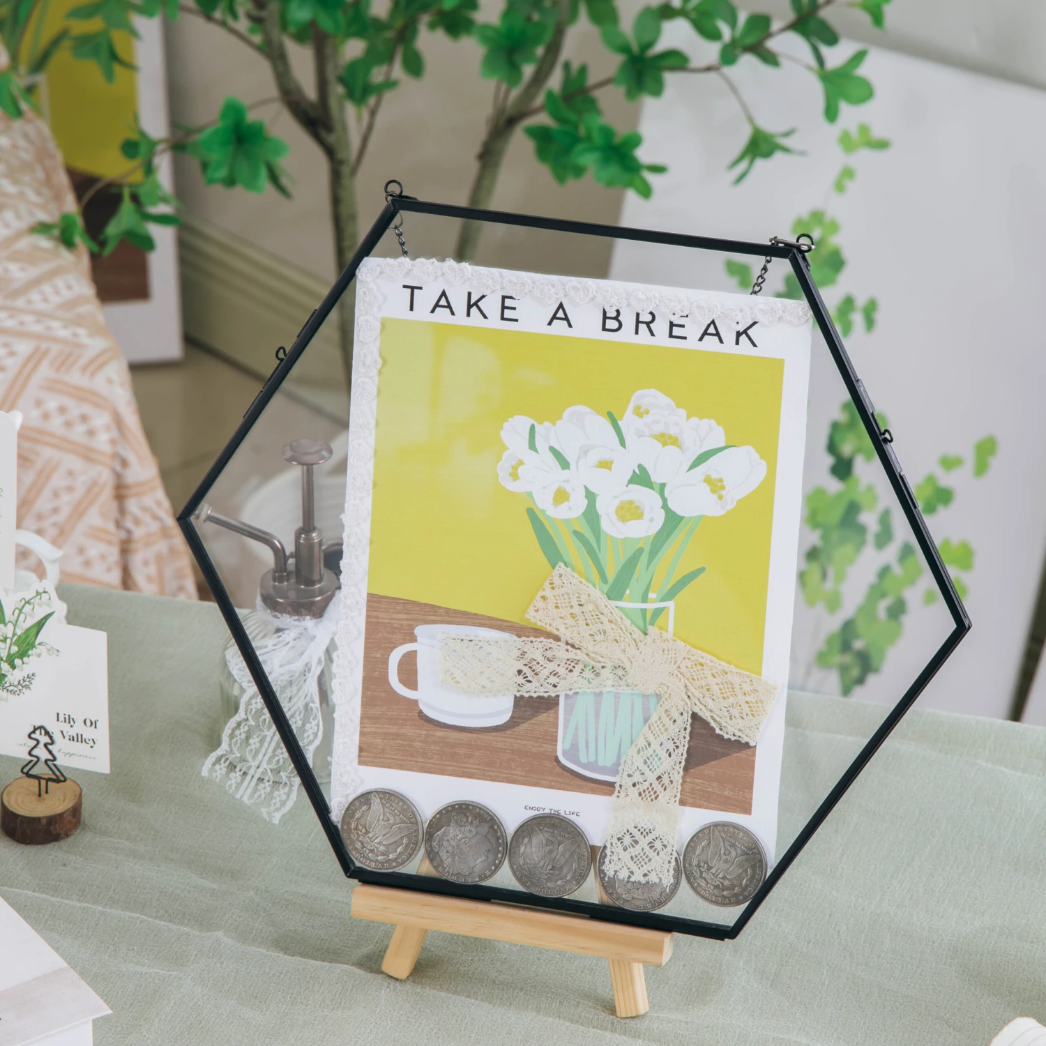 Wall Hanging Black Hexagon 12" Herbarium Brass Glass Frame For Thick Pressed Flowers, Dried Flowers, Poster, Coin, Double Glass, Floating 7 Wall Hanging Black Hexagon 12" Herbarium Brass Glass Frame For Thick Pressed Flowers, Dried Flowers, Poster, Coin, Double Glass, Floating - Image 5