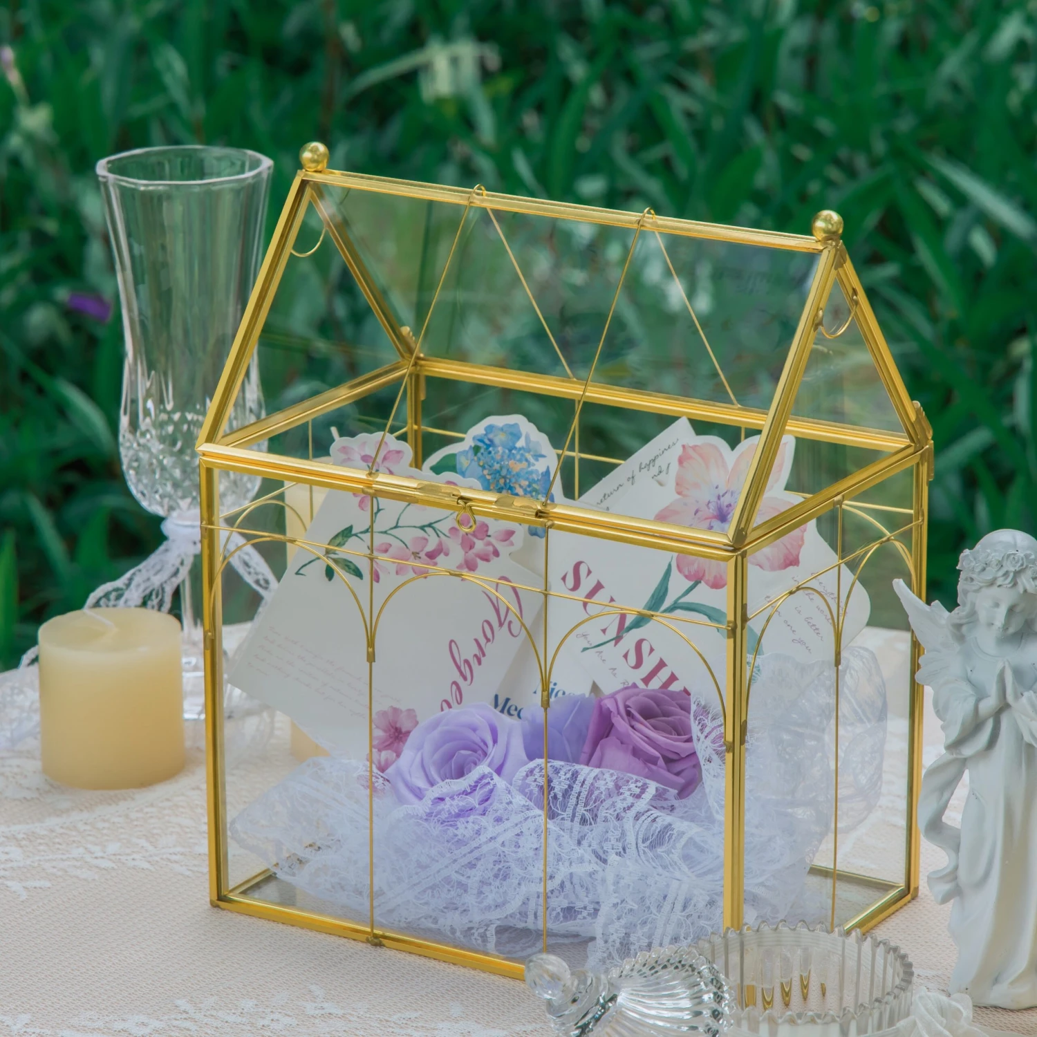 Vintage House Glass Geometric Terrarium Card Box Gold For Wedding, Graduation, Baby Shower