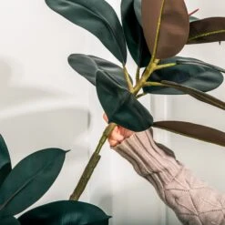 NCYP Artificial Rubber Tree, Rubber Fig, Rubber Bush 5.9FT (70.8 Inches) Tall Faux Plant For Home Office Decor, Indoor Fake Potted Ficus Elastica Tree With Plastic Pot And Rattan Woven Basket -Terrarium Plant Hub 290A0799