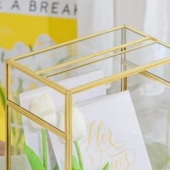 NCYP Glass Cards Box For Wedding Reception - Rectangle Glass Box With Slot And Lock For Money, Envelopes - Birthdays Party Tabletop Decor, 8" X 5.5" X 11.3" Gold, Clear (Card Box Only) -Terrarium Plant Hub 290A2871