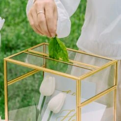 NCYP Glass Cards Box For Wedding Reception - Rectangle Glass Box With Slot And Lock For Money, Envelopes - Birthdays Party Tabletop Decor, 8" X 5.5" X 11.3" Gold, Clear (Card Box Only) -Terrarium Plant Hub 290A3327