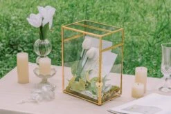 NCYP Glass Cards Box For Wedding Reception - Rectangle Glass Box With Slot And Lock For Money, Envelopes - Birthdays Party Tabletop Decor, 8" X 5.5" X 11.3" Gold, Clear (Card Box Only) -Terrarium Plant Hub 290A3337