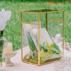 NCYP Glass Cards Box For Wedding Reception - Rectangle Glass Box With Slot And Lock For Money, Envelopes - Birthdays Party Tabletop Decor, 8" X 5.5" X 11.3" Gold, Clear (Card Box Only) -Terrarium Plant Hub 290A3347