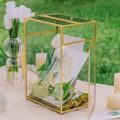 NCYP Glass Cards Box For Wedding Reception - Rectangle Glass Box With Slot And Lock For Money, Envelopes - Birthdays Party Tabletop Decor, 8" X 5.5" X 11.3" Gold, Clear (Card Box Only) -Terrarium Plant Hub 290A3348
