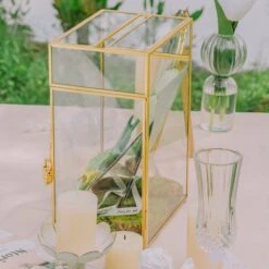 NCYP Glass Cards Box For Wedding Reception - Rectangle Glass Box With Slot And Lock For Money, Envelopes - Birthdays Party Tabletop Decor, 8" X 5.5" X 11.3" Gold, Clear (Card Box Only) -Terrarium Plant Hub 290A3386