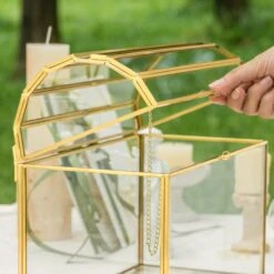 NCYP Wedding Card Box With Slot And Lock - 10.2x5.5x8.4 Inches - Gold Glass Envelope Box For Birthday Party Reception - Vintage, Arch-design, Centerpiece Decoration -Terrarium Plant Hub 290A4427