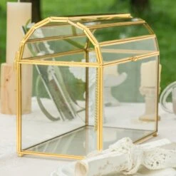 NCYP Wedding Card Box With Slot And Lock - 10.2x5.5x8.4 Inches - Gold Glass Envelope Box For Birthday Party Reception - Vintage, Arch-design, Centerpiece Decoration -Terrarium Plant Hub 290A4434