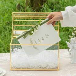 NCYP Wedding Card Box With Slot And Lock - 10.2x5.5x8.4 Inches - Gold Glass Envelope Box For Birthday Party Reception - Vintage, Arch-design, Centerpiece Decoration -Terrarium Plant Hub 290A4463