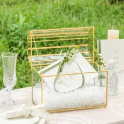 NCYP Wedding Card Box With Slot And Lock - 10.2x5.5x8.4 Inches - Gold Glass Envelope Box For Birthday Party Reception - Vintage, Arch-design, Centerpiece Decoration -Terrarium Plant Hub 290A4473