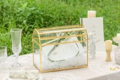 NCYP Wedding Card Box With Slot And Lock - 10.2x5.5x8.4 Inches - Gold Glass Envelope Box For Birthday Party Reception - Vintage, Arch-design, Centerpiece Decoration -Terrarium Plant Hub 290A4481