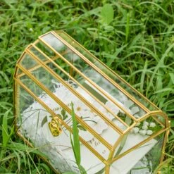 NCYP Wedding Card Box With Slot And Lock - 10.2x5.5x8.4 Inches - Gold Glass Envelope Box For Birthday Party Reception - Vintage, Arch-design, Centerpiece Decoration -Terrarium Plant Hub 290A4577