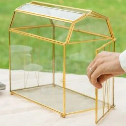 Nostalgic Cottage Barn Shape Gold Geometric Brass And Glass Card Box Terrarium With Slot, Heart Lock, Foot, Handmade For Wedding Reception -Terrarium Plant Hub 290A6422