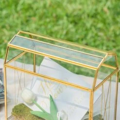 Nostalgic Cottage Barn Shape Gold Geometric Brass And Glass Card Box Terrarium With Slot, Heart Lock, Foot, Handmade For Wedding Reception -Terrarium Plant Hub 290A6459