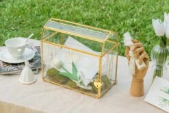 Nostalgic Cottage Barn Shape Gold Geometric Brass And Glass Card Box Terrarium With Slot, Heart Lock, Foot, Handmade For Wedding Reception -Terrarium Plant Hub 290A6464