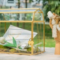 Nostalgic Cottage Barn Shape Gold Geometric Brass And Glass Card Box Terrarium With Slot, Heart Lock, Foot, Handmade For Wedding Reception -Terrarium Plant Hub 290A6468 bbab441d 836d 4866 aa8b 9acbf0a4e0af