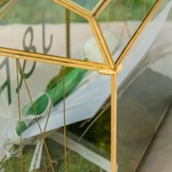 Nostalgic Cottage Barn Shape Gold Geometric Brass And Glass Card Box Terrarium With Slot, Heart Lock, Foot, Handmade For Wedding Reception -Terrarium Plant Hub 290A6528