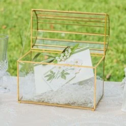 NCYP Wedding Card Box With Slot And Lock - 10.2x5.5x8.4 Inches - Gold Glass Envelope Box For Birthday Party Reception - Vintage, Arch-design, Centerpiece Decoration -Terrarium Plant Hub 290A6665