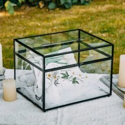 12"Large Black Foot Rectangle With Slot Lock Geometric Glass Card Box Keepsake Wedding Reception Envelope Holder Display Gift With Lid -Terrarium Plant Hub 290A7789