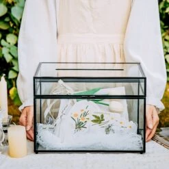 12"Large Black Foot Rectangle With Slot Lock Geometric Glass Card Box Keepsake Wedding Reception Envelope Holder Display Gift With Lid