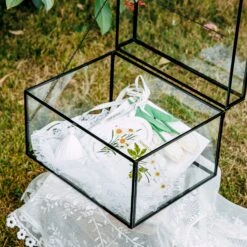 12"Large Black Foot Rectangle With Slot Lock Geometric Glass Card Box Keepsake Wedding Reception Envelope Holder Display Gift With Lid -Terrarium Plant Hub 290A7830