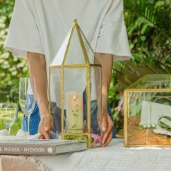 Handmade Gold Tall Tower Terrarium Glass Box For Ribbon Wands, Pens, Cancel Holder For Wedding, Reception, Wishing Well, Bridal Shower
