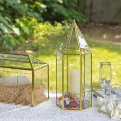 Handmade Gold Tall Tower Terrarium Glass Box For Ribbon Wands, Pens, Cancel Holder For Wedding, Reception, Wishing Well, Bridal Shower -Terrarium Plant Hub 290A8779
