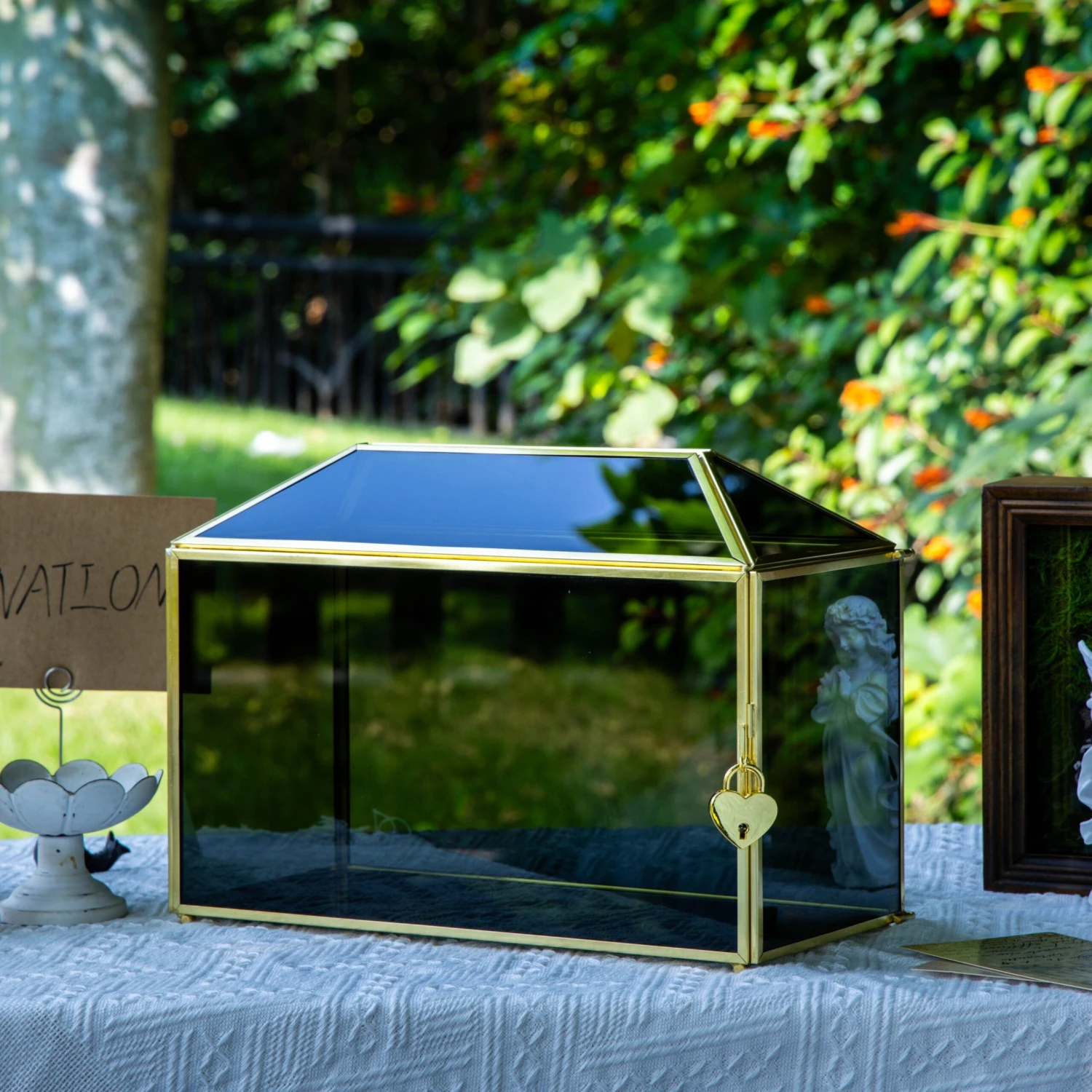 Handmade Black And Gold Large Geometric Glass Donation Box Terrarium With Slot And Lock