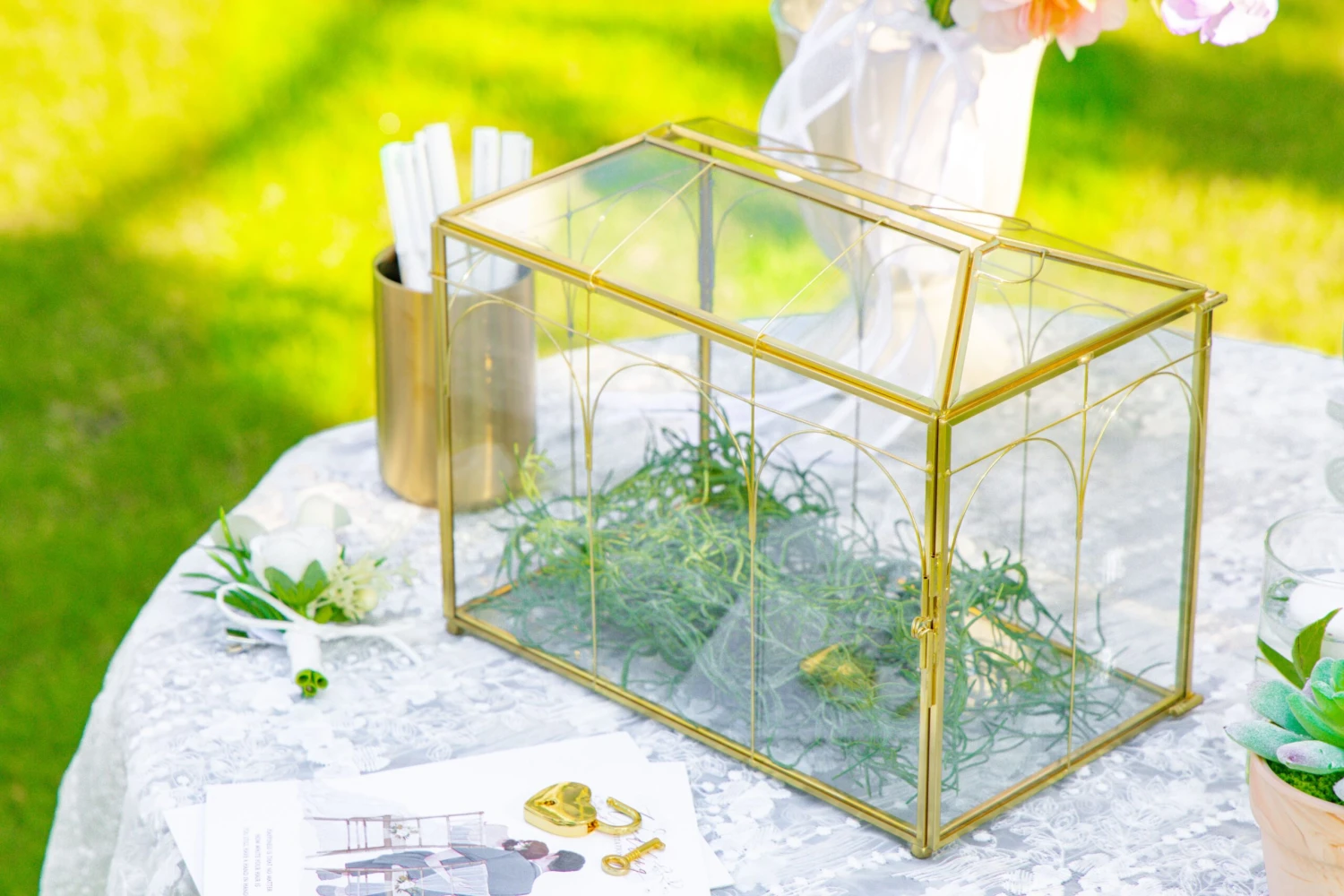 10.2" Handmade Victorian Church Gold Wedding Card Box With Slot And Lock 6 10.2" Handmade Victorian Church Gold Wedding Card Box With Slot And Lock - Image 4