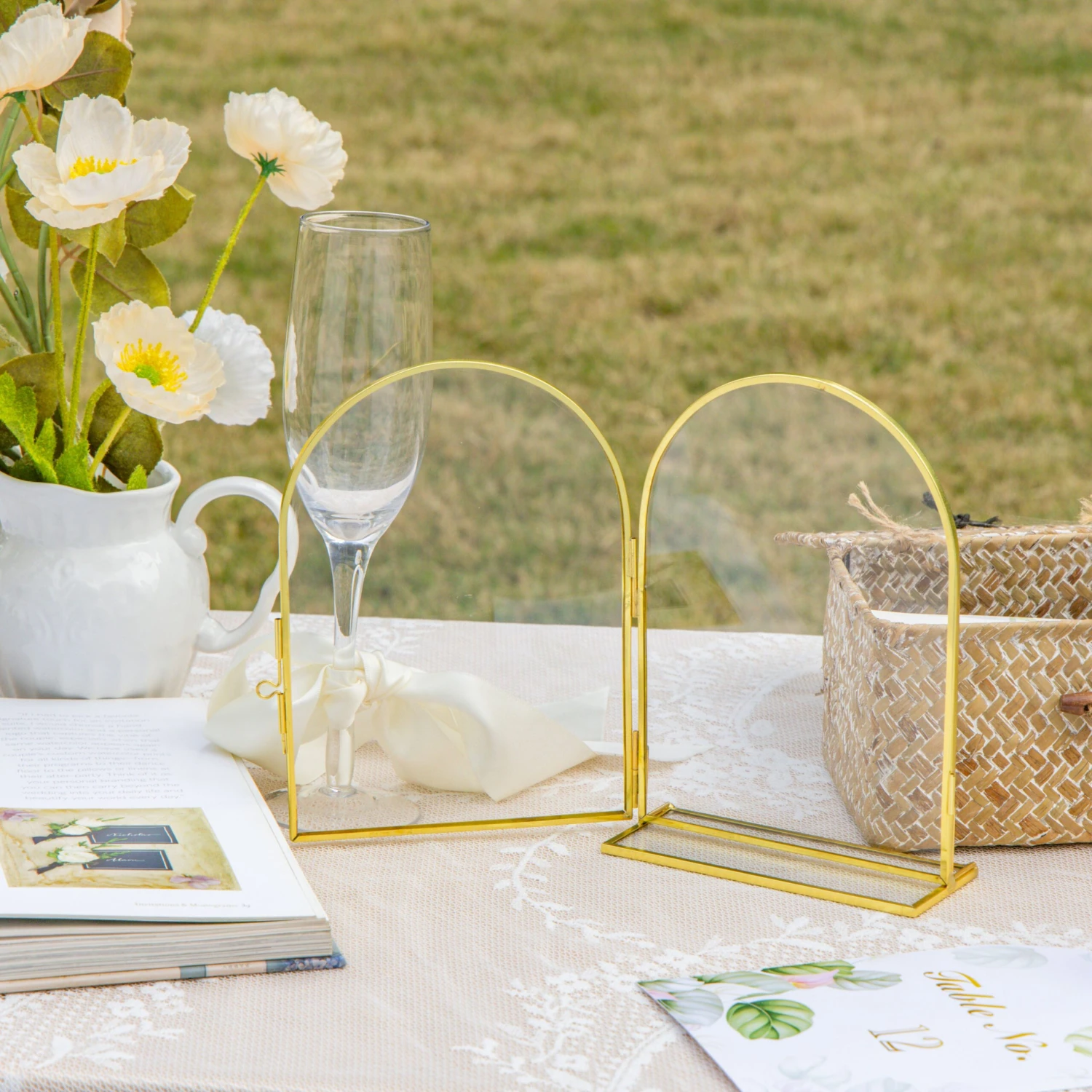 5x7'' Arched Brass And Double Glass Frame, For Pressed Flowers, Table Number Holder 4 5x7'' Arched Brass And Double Glass Frame, For Pressed Flowers, Table Number Holder - Image 2