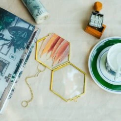 Handmade Vintage Brass Floating Hanging Glass Hexagon Picture Photo Frame Small Side Length 2" 15 Handmade Vintage Brass Floating Hanging Glass Hexagon Picture Photo Frame Small Side Length 2" -Terrarium Plant Hub 290A9829