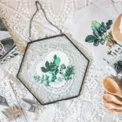 Hanging Black Hexagon Herbarium Brass Glass Frame For Pressed Flowers Dried Flowers Floating Frame -Terrarium Plant Hub 8637