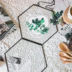 Hanging Black Hexagon Herbarium Brass Glass Frame For Pressed Flowers Dried Flowers Floating Frame -Terrarium Plant Hub 8641