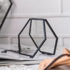 Handmade Black Vintage Brass Floating Hanging Glass Hexagon Picture Photo Frame Small Side Length 2" -Terrarium Plant Hub 8726