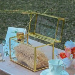 NCYP Wedding Card Box With Slot And Lock - 9.8x5.6x7.7 Inches - Gold Glass Envelope Box With Lid For Birthday Party Reception - Vintage Rectangular Centerpiece Decoration Handmade (Glass Box Only) -Terrarium Plant Hub G01A1387
