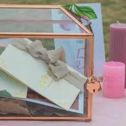 US Rose Gold Pink Pure Copper Standard Large Geometric Glass Card Box Terrarium With Slot, Lock, Handmade For Wedding Reception Wishwell -Terrarium Plant Hub G01A1686